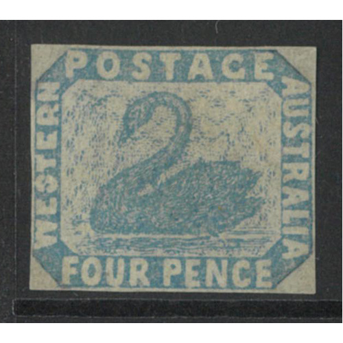 West Australia 1854 Swan 4d Stamp Pale Blue Imperf with 4 Cut Close Margins SG3 Mint No Gum