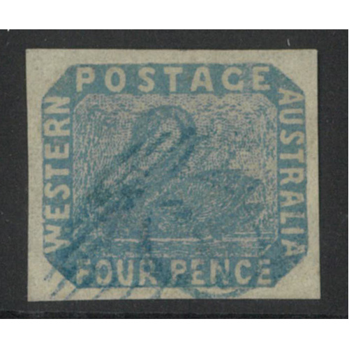 West Australia 1854 Swan 4d Stamp Pale Blue Imperf with 4 Even Large Margins SG3 Used