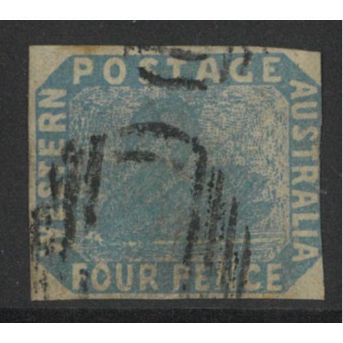 West Australia 1854 Swan 4d Stamp Pale Blue Imperf Shaved Right Margin SG3 FU