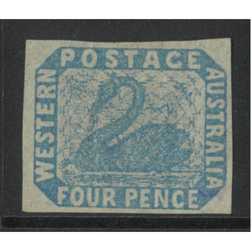 West Australia 1854 Swan 4d Stamp Pale Blue Imperf with 4 clear Margins SG3 Used