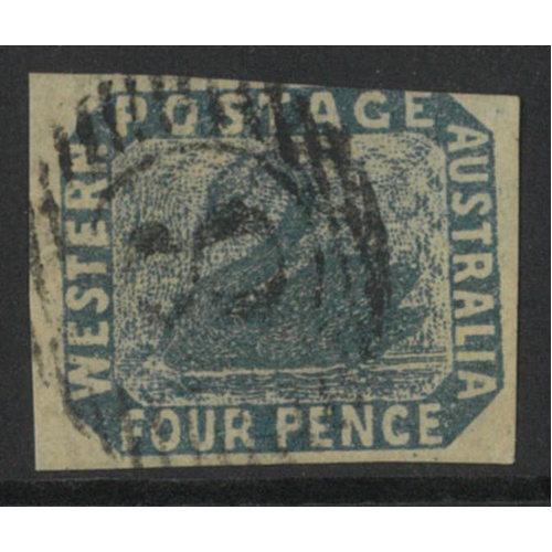 West Australia 1854 Swan 4d Stamp Deep Dull Blue Imperf with 3 Large Margins SG3b Used