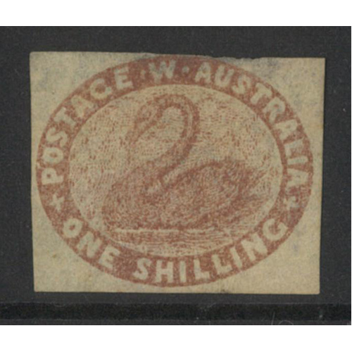 West Australia 1854 Swan 1/- Stamp Reddish Brown Imperf 4 Clear Margins(thinned top) SG4a MNG