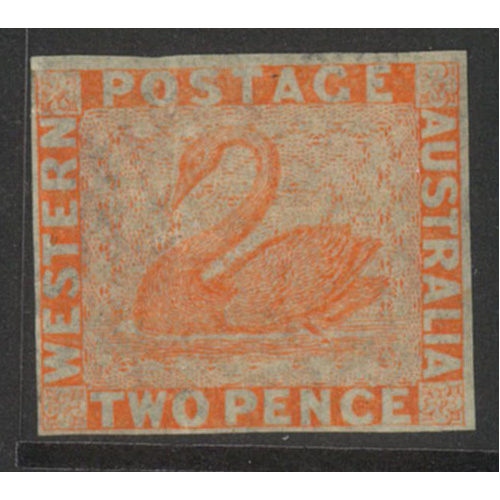 West Australia 1860 Swan 2d Stamp Pale Orange Imperf 4 clear Margins SG24 MUH