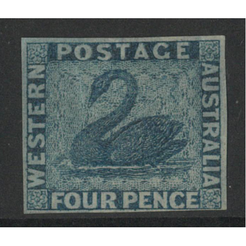 West Australia 1860 Swan 4d Stamp Deep Blue WMK Upright Imperf 4 clear Margins SG27 MNG