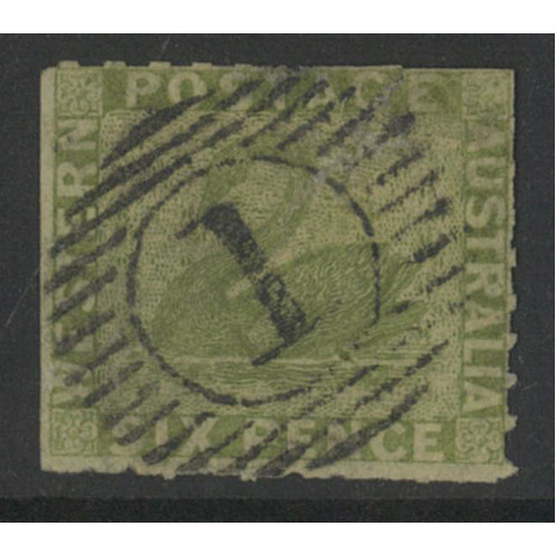 West Australia 1860 Swan 6d Stamp Sage-Green Rouletted SG32 Used