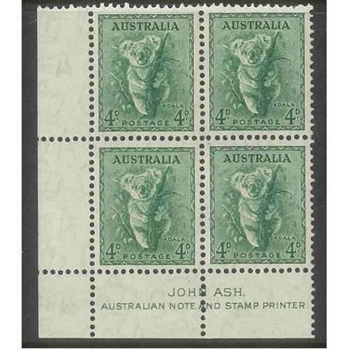 Australia 1938 Koala 4d Ash Imprint Block/4 Stamps p13½x14 BW197Az MUH #AUBK