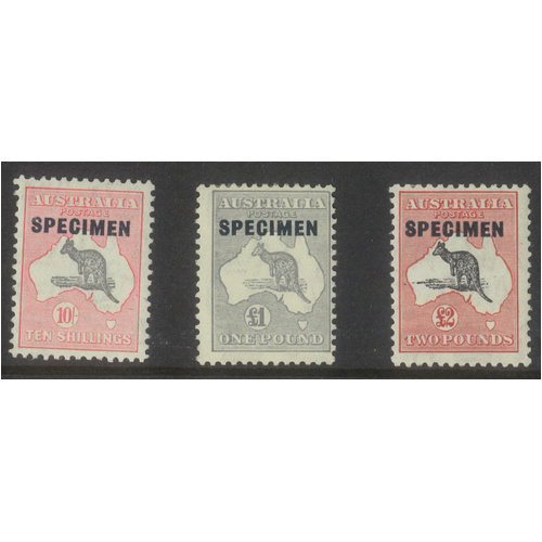 Australia Kangaroo Stamps CofA WMK 'Specimen' Typed Set of 3 Mint Hinged #AUBK