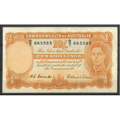 Commonwealth of Australia 1952 10/- Banknote Coombs/Wilson R15 aVF #P-33