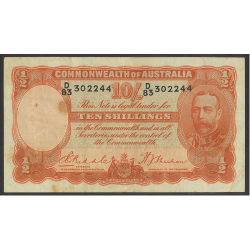 Commonwealth of Australia 1936 10/- Banknote Riddle/Sheehan R11 Fine(Stains) #P-35