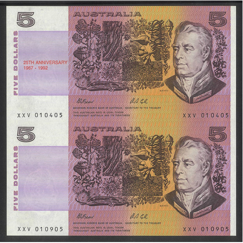 Australia 1992 $5 Banknote Uncut Vertical Pair 25th Anniv Fraser/Cole UNC #3-67