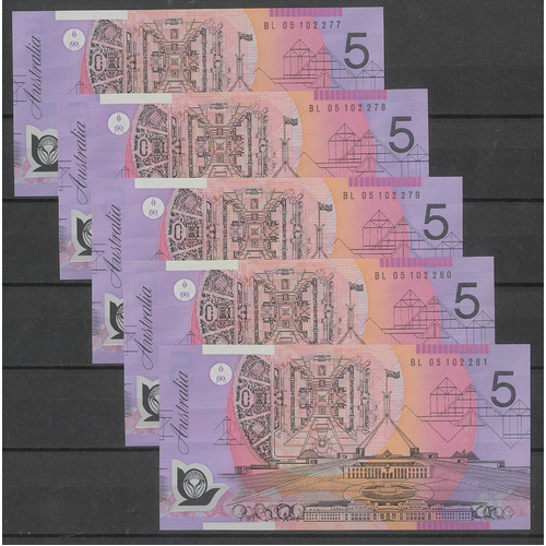 Australia 2005 $5 Banknote Consecutive Run of 5 Macfarlane/Henry R220c UNC #3-68