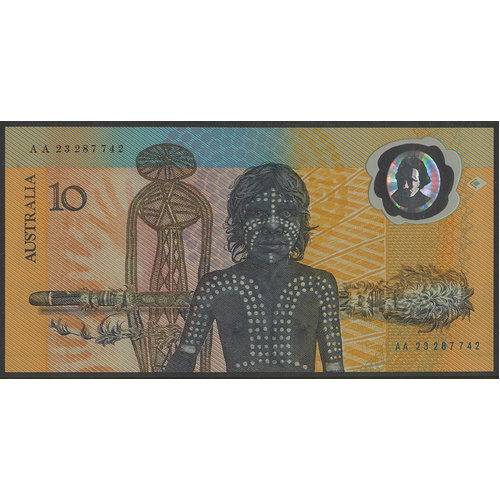 Australia 1988 $10 Aboriginal Polymer Banknote Johnston/Fraser Last Prefix AA23 EF #5-74