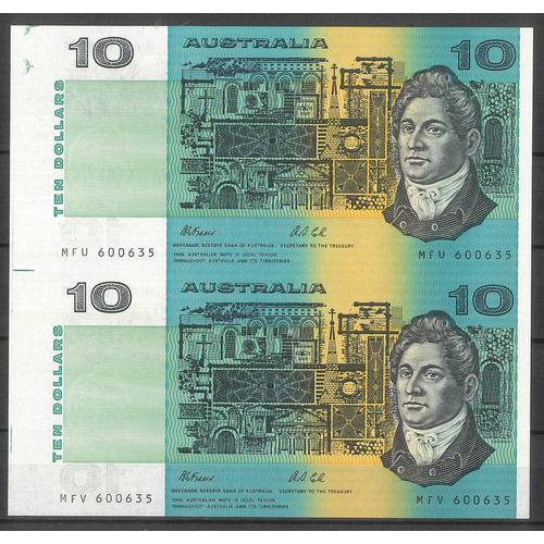 Australia 1991 $10 Banknote Vertical Pair Fraser/Cole R.U(09)f nUNC/UNC #5-76