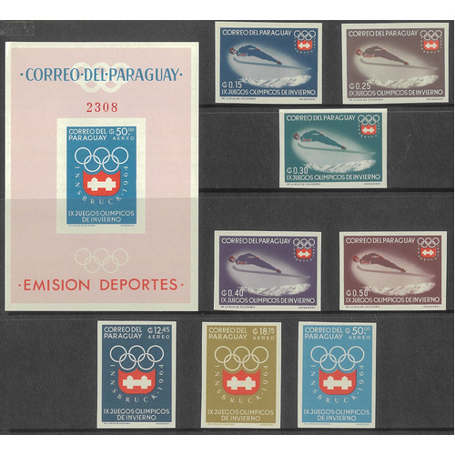 Paraguay 1963 Winter Olympics Imperf Set/8 Stamps & Mini Sheet MUH 12-7