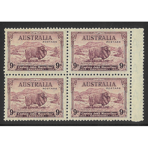 Australia 1934 Macarthur 9d Gutter Margin Block/4 Stamps SG152 MUH