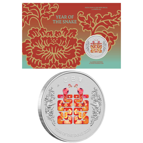 Perth Stamp & Coin Show Special Year of the Snake - Double Happiness 2025 1oz Silver Coin in Card