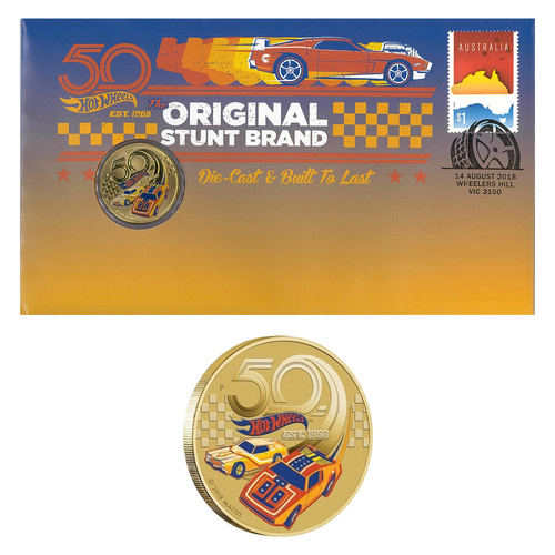 Australia 2018 Hot Wheels Cars 50 Years Stamp & $1 UNC Coin Cover - PNC