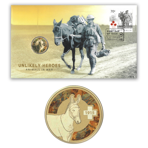 Australia 2015 Animals In War Unlikely Heroes Donkey & Simpson Stamp & $1 Coin PNC