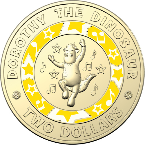 Australia 2021 The Wiggles - Dorothy The Dinosaur -  $2 Coloured Coin UNC Loose