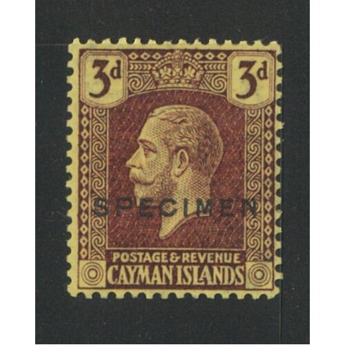 Cayman Islands: 1923 KEVII 3d OPT Specimen Single Stamp SG 75s MLH #BR423