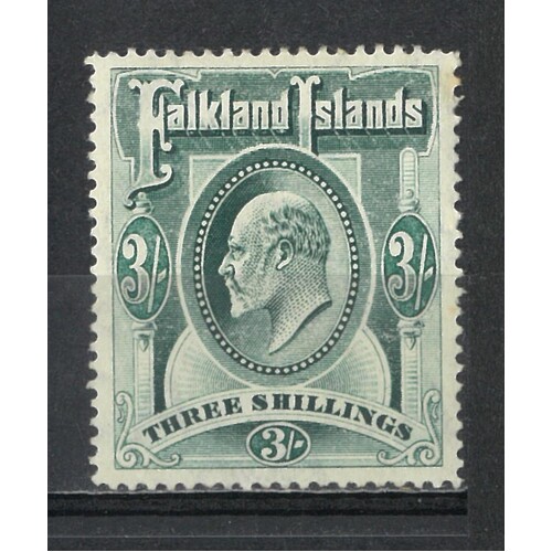 Falkland Islands: 1907 KEVII 3/- Deep Green Single Stamp SG 49b MLH #BR425