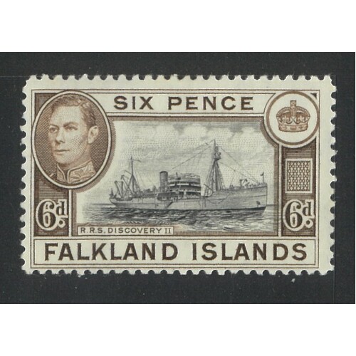 Falkland Islands: 1938 KGVI/Supply Ship 6d Slate-Black And Deep Brown Single Stamp SG 155 MLH #BR425