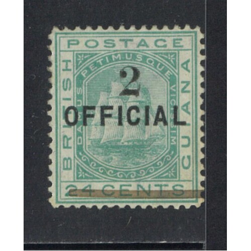 British Guiana: 1881 "2 Official" ON 24c Green Single Stamp SG 157 MLH #BR427