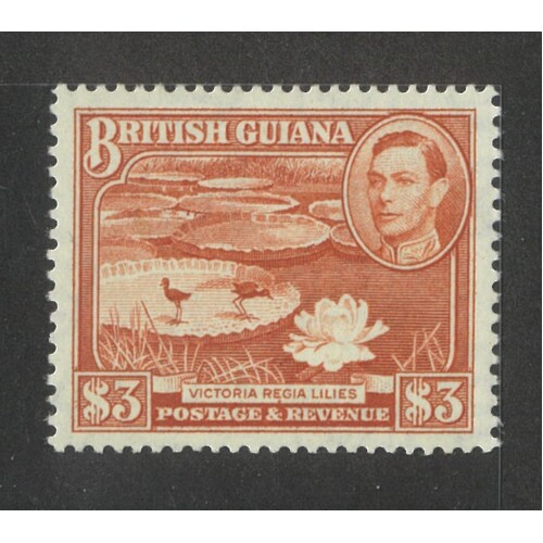 British Guiana: 1952 KGVI/Water-Lilies $3 P14x13 Single Stamp SG 319b Fine MLH #BR427