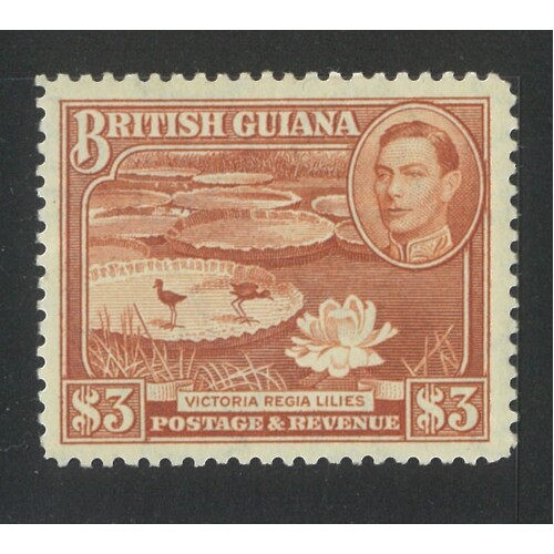 British Guiana: 1945 KGVI/Water-Lilies $3 P12½ Shade Single Stamp SG 319 MLH #BR427