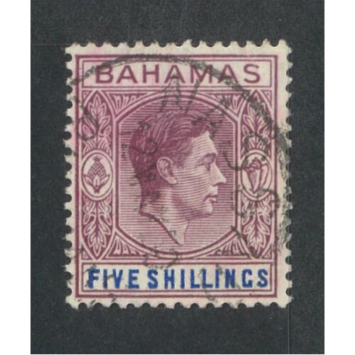 Bahamas: 1951 KGVI 5/- Red-Purple And Bright Blue Single Stamp SG 156e FU #BR430