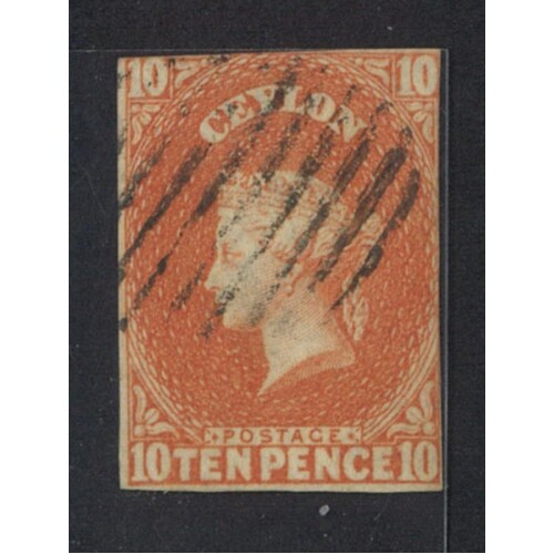 Ceylon: 1857 QV 10d Vermillion Single Stamp SG 9 Cut Close But Attractive FU #BR433