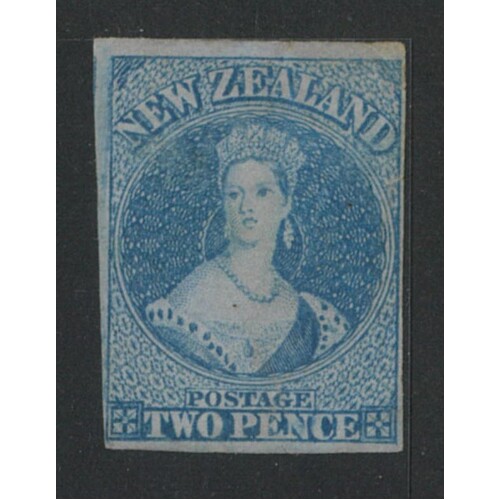 New Zealand: 1856 Chalon 2d Blue On Lightly Blued Paper No WMK Four Margins But Small Tear SG 5 MNG #BR440