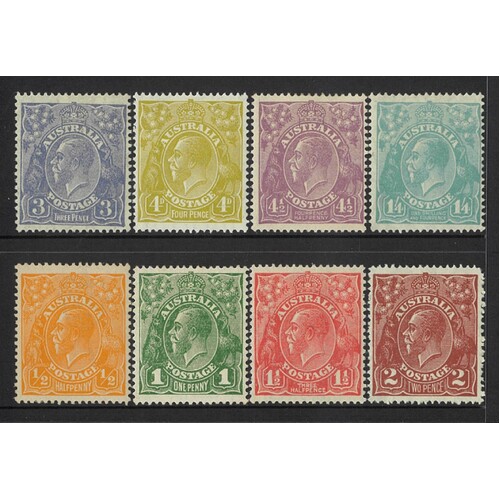 Australia: 1926-1930 KGV Small MULT WMK p14 Set/8 Stamps TO 1/4d MLH #CD13