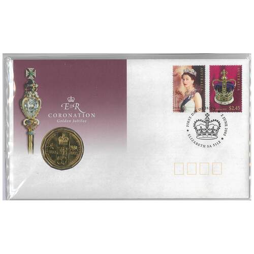 Australia 2003 QEII Golden Jubilee Coronation Stamp & 50c UNC Coin Cover - PNC