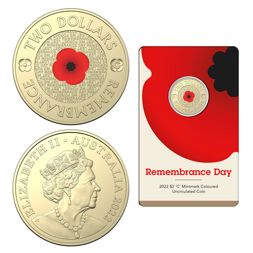 Australia 2022 Remembrance Day Red Poppy $2 Coloured UNC Coin 'C' Mintmark