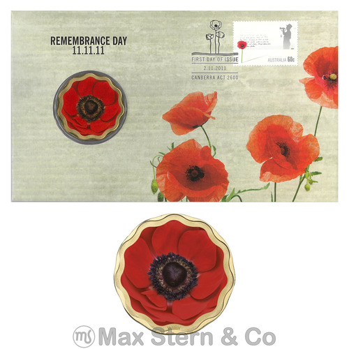 Australia 2011 Remembrance Day Red Poppy Stamp & Coloured $5 Coin Cover - PNC