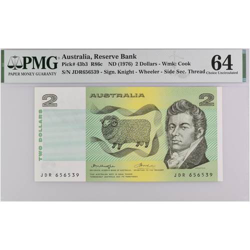 Australia 1976 $2 Paper Banknote Knight/Wheeler OCRB Side Thread R86c PMG MS64