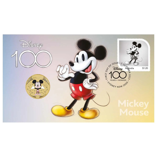 Australia 2023 Disney 100th Anniversary $1 Mickey Mouse Stamp & Coin Cover