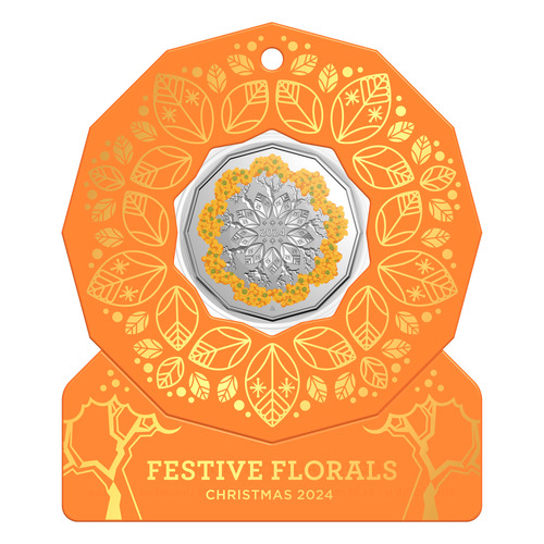 Australia 2024 Christmas Festive Florals 50c Coloured UNC Coin in Orange Card