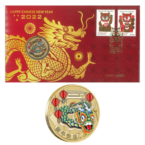 Australia 2022 Happy Chinese New Year Stamps & $1 Coloured Coin PNC