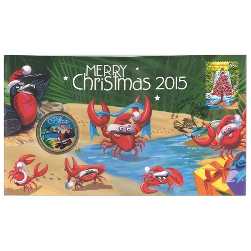 Australia 2015 Merry Christmas Stamp & $1 Coloured Coin PNC